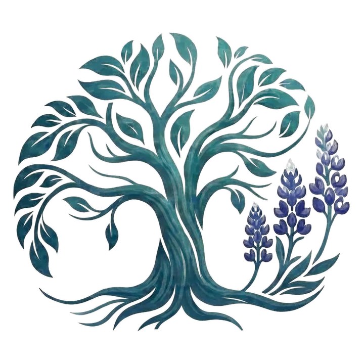 The Blue Ceiba emblem: a blue-green ceiba tree with three bluebonnets